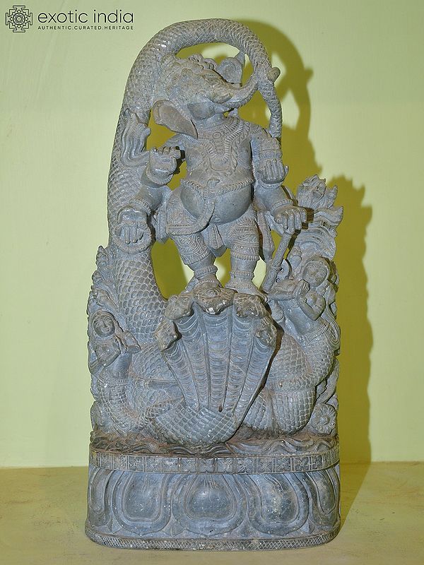 18" Four Armed Ganesha Standing on Sheshnag | Orissa Stone Statue | Hand Carved