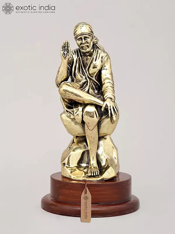 6" Superfine Idol of Saint Sai Seated on Asana with Wood Base | Brass Sculpture