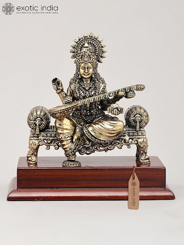 5" Small Superfine Goddess Saraswati - The Deity of Knowledge, Music, Art, and Learning with Wood Base | Brass Idol