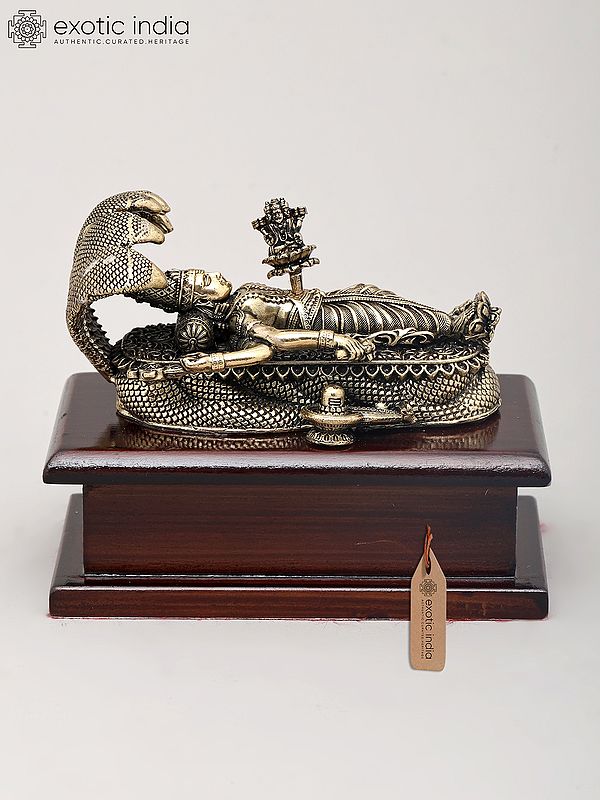 4" Small Superfine Lord Vishnu in His Anantha Shayanam Posture with Wood Base | Brass Idol