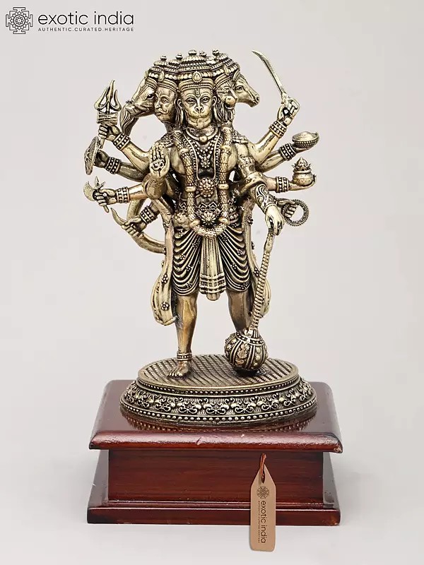 Superfine Ten Armed Panchamukhi Hanuman in Standing Gesture with Wood Base | Brass Sculpture