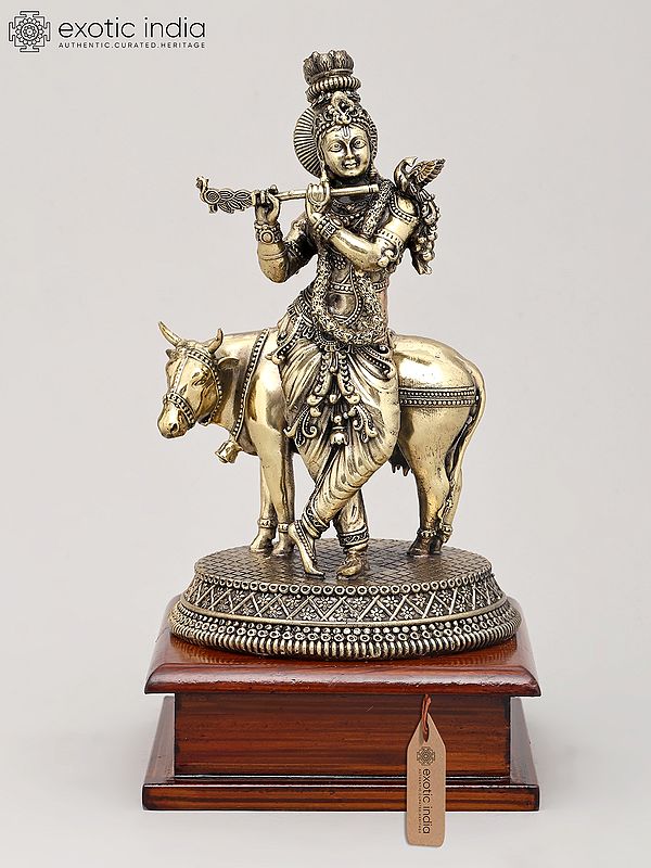 8" Superfine Lord Krishna Idol with Cow, Flute and Wood Base | Brass Statue