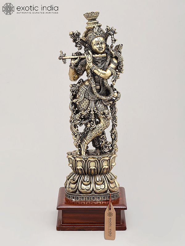 13" Superfine Lord Krishna with Flute - The Divine Musician with Wood Base | Brass Idol