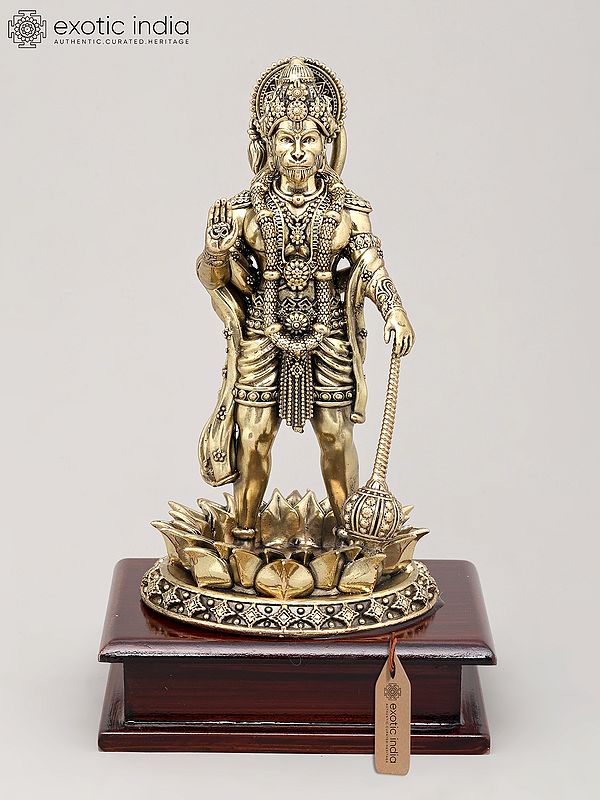 9" Superfine Idol of Lord Hanuman Standing on Wood Base with Mace | Brass Statue