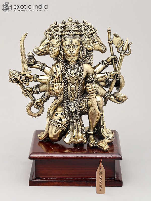 7" Superfine Ten Armed Panchamukhi Hanuman Seated on Wood Base | Brass Sculpture