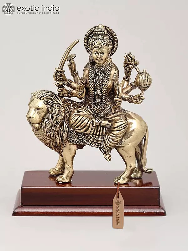7" Superfine Ashtabhuja Goddess Durga Seated on Lion with Wood Base | Brass Idol