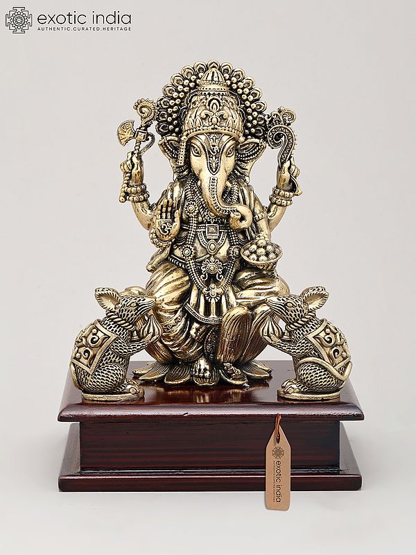 7" Superfine Four Armed Majestic Lord Ganesha with Dual Mushak on Wood Base | Brass Idol
