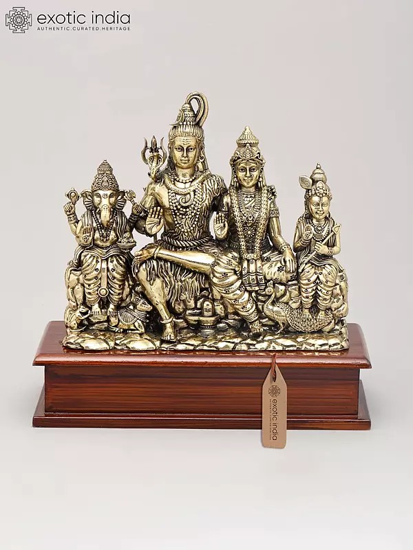 9" Superfine Shiva Family in Blessing Gesture on Wood Base | Brass Statue