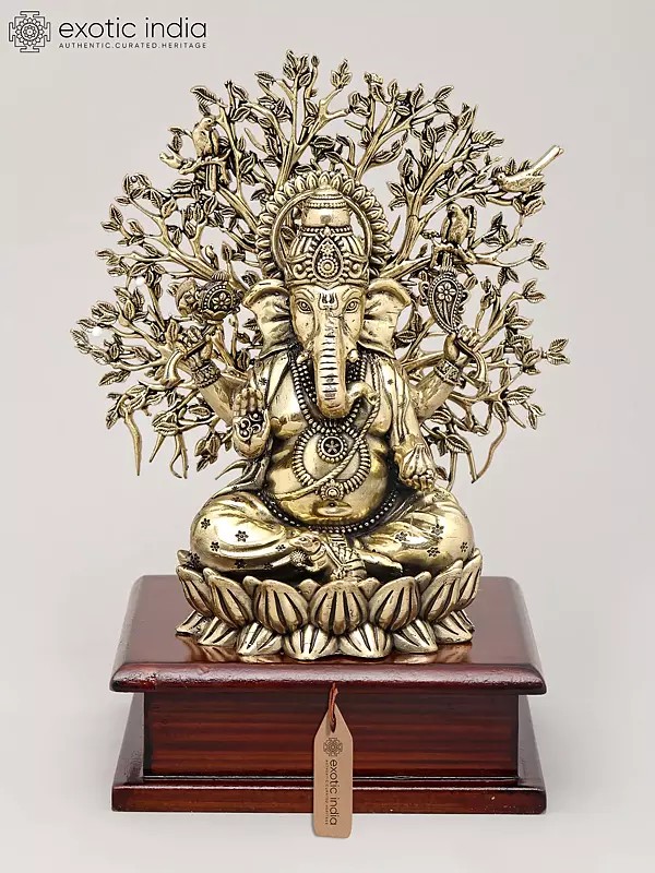 8" Superfine Lord Ganesha Seated Beneath The Sacred Tree with Wood Base | Brass Statue