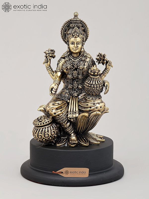 5" Small Superfine Goddess Dhanalakshmi Seated with Wealth Pot on Wood Base | Brass Sculpture