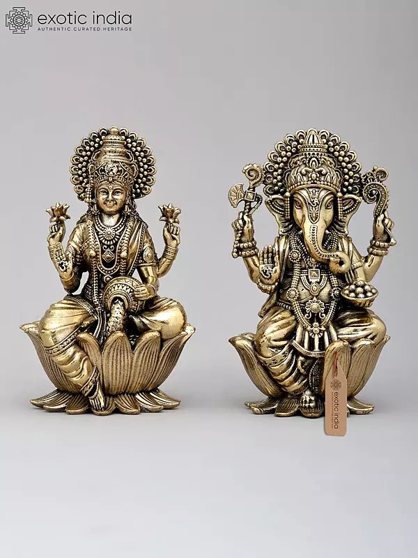 4" Small Brass Superfine Lakshmi - Ganesha Pair | With Gift Box