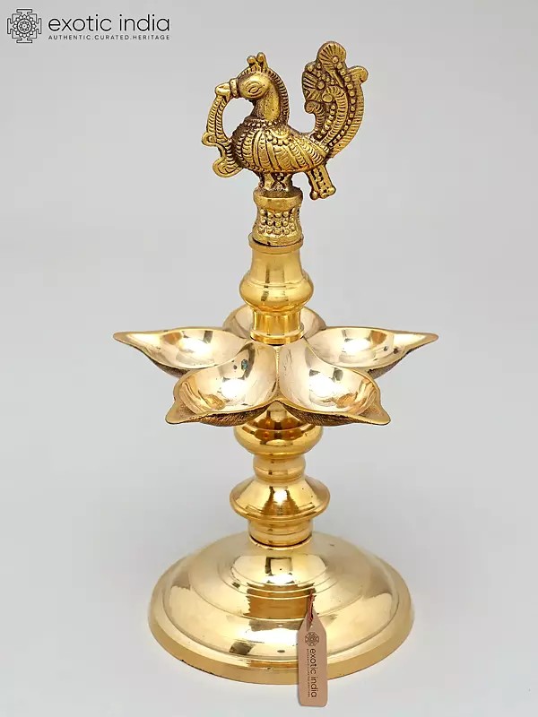 11" Five Wicks Peacock Lamp in Brass | Handmade | Made In India
