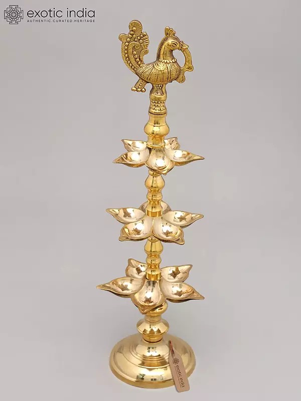 20" Fifteen Wicks Peacock Lamp in Brass | Handmade | Made In India