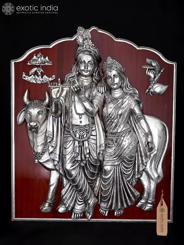 48" Divine Radha Krishna with Cow | Embossed Wall Panel with Real .999 Purity Silver Cladding