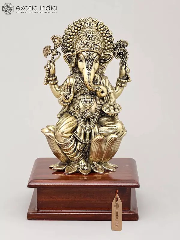 7" Superfine Lord Ganesha Seated on Lotus with Wood Base - The Remover of Obstacles | Brass Idol