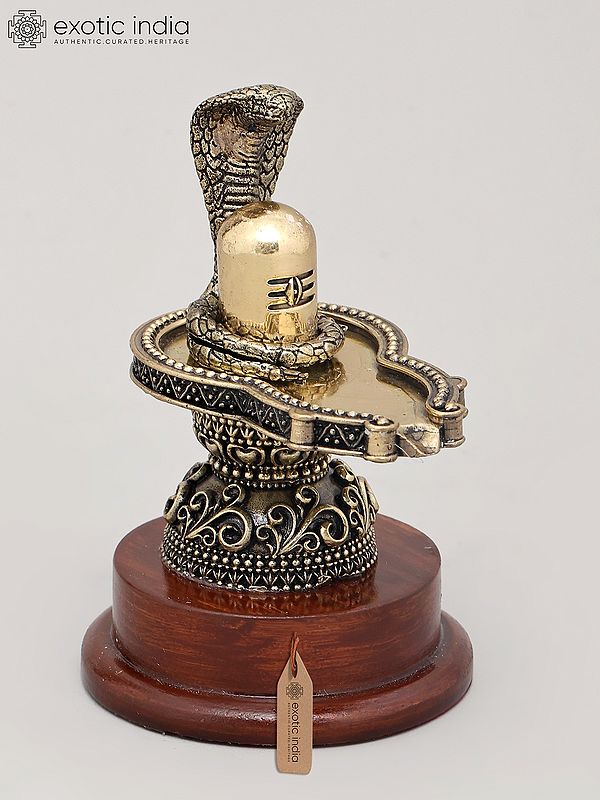 5" Small Superfine Idol of Shiva Lingam with Wood Base and Vasuki Serpent | Brass Statue
