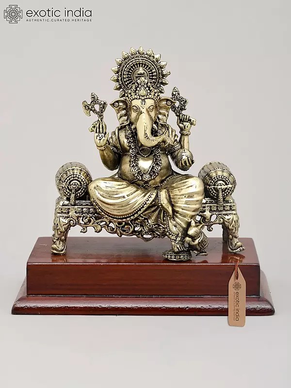 5" Small Superfine Lord Ganesha Seated on Ornate Throne with Wood Base | Brass Idol