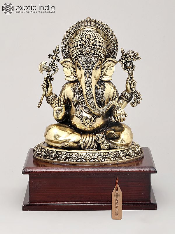 8" Superfine Chaturbhuja Lord Ganapati Holding Modak on Wood Base | Brass Statue