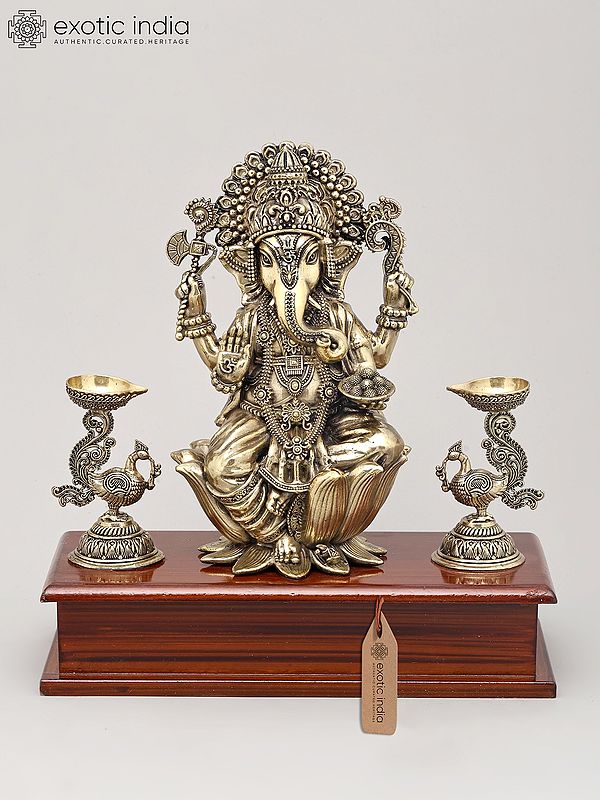 9" Superfine Lord Ganesha Seated on Lotus with Oil Lamps and Wood Base | Brass Sculpture