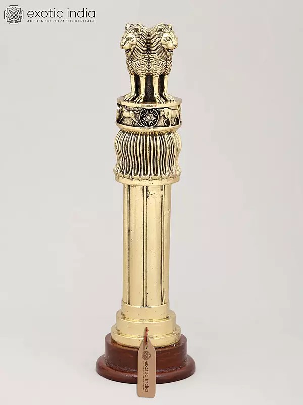 11" Ashoka Pillar (National Emblem) with Lion Capital on Wood Base - Symbol of Power, Peace and Dharma | Brass Statue