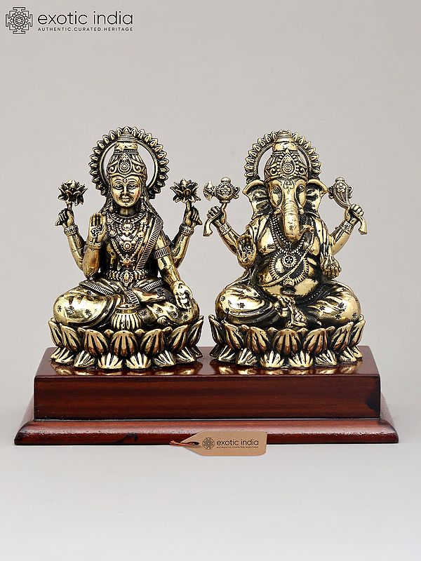 5" Small Superfine Goddess Lakshmi and Lord Ganesha Seated on Lotus with Wood Base | Brass Idol