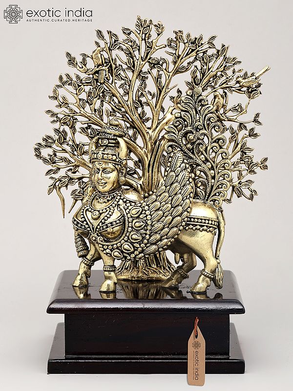 7" Superfine Goddess Kamdhenu Standing with Tree of Life on Wood Base | Brass Statue