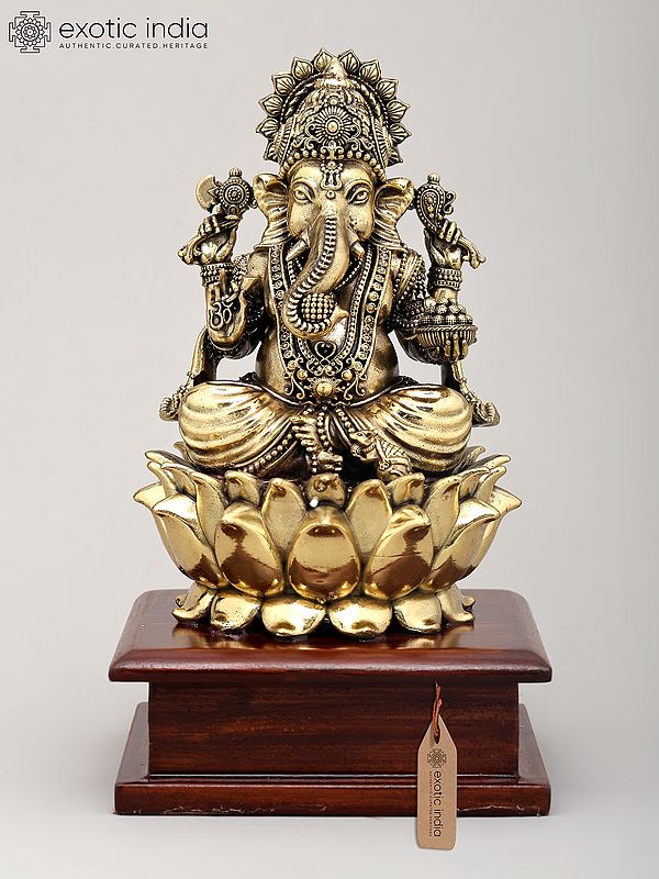 7" Superfine Four Armed Lord Ganesha Seated on Lotus with Wood Base | Brass Idol