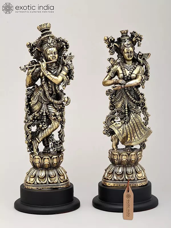 9" Superfine Radha and Krishna - Symbol of Eternal Love and Harmony with Wood Base | Brass Sculpture