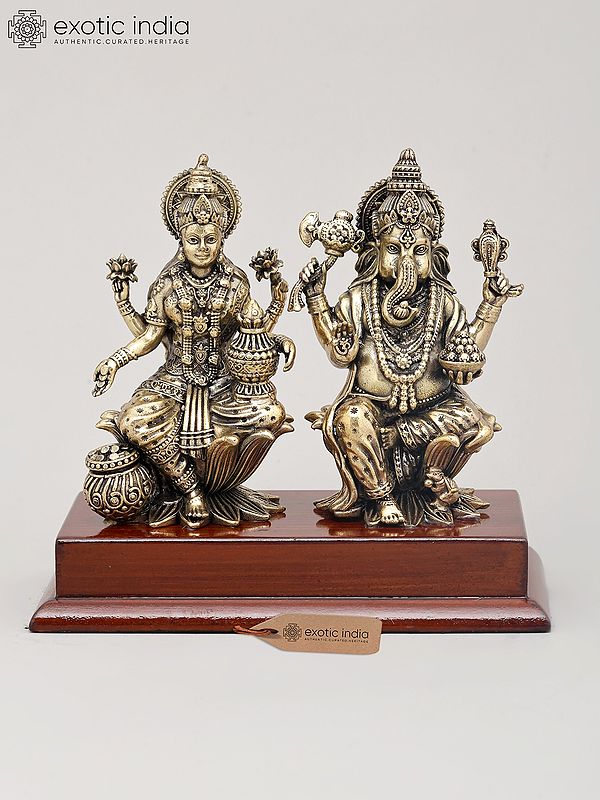 5" Small Superfine Pair of Goddess Lakshmi and Lord Ganesha with Wood Base | Brass Idol