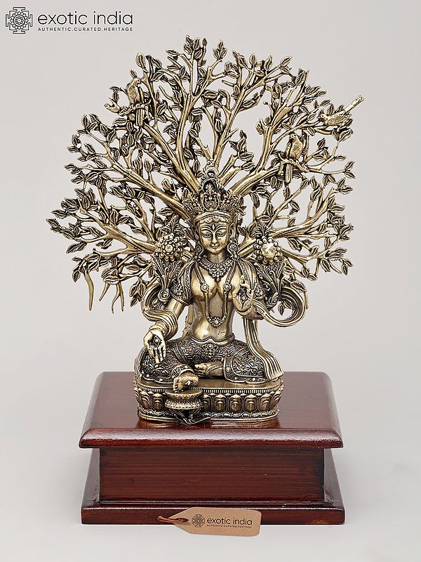 7" Superfine Buddhist Goddess Green Tara Seated with Tree of Life on Wood Base | Brass Statue