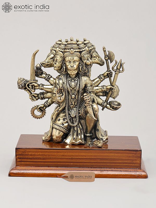 5" Small Superfine Panchamukhi Lord Hanuman in Seated Gesture on Wood Base | Brass Statue