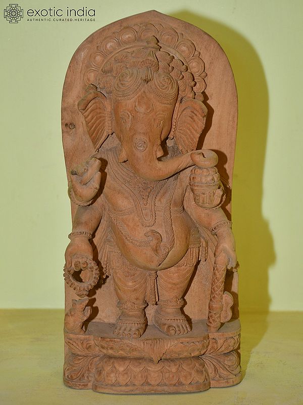 12" Four armed Lord Ganesha Standing with his Mouse | Wooden Statue | Hand Carved
