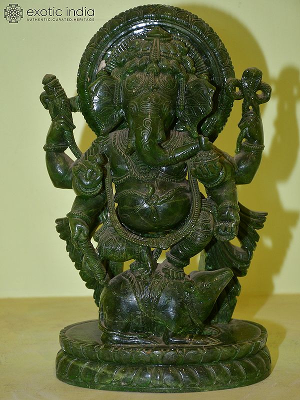 12" Four armed Lord Ganesha Seated on his Mouse | Orissa Stone Statue | Hand Carved