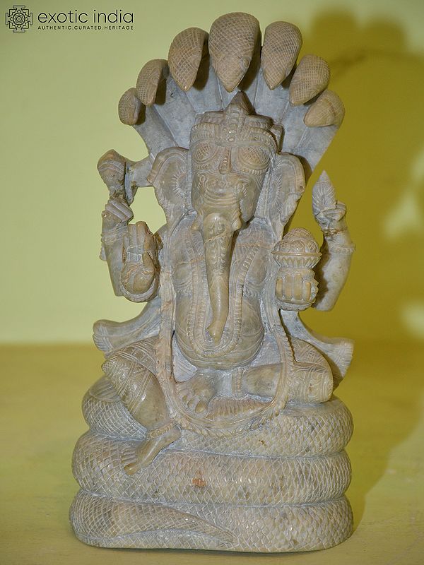 8" Lord Ganesha Seated Under the Hood of Sheshnag | Orissa Stone Statue | Hand Carved