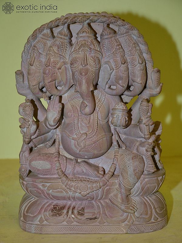12" Five Faced Lord Ganesha Seated on Lotus Seat | Orissa Stone Statue | Hand Carved