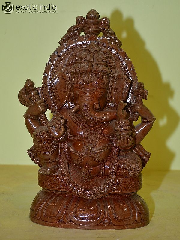 12" Chaturbhuj Lord Ganesha Seated on Lotus Seat with Folded Legs | Orissa Stone Statue | Hand Carved
