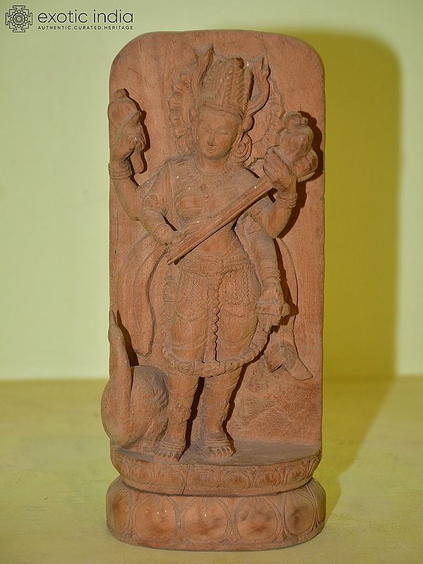 10" Goddess Saraswati Holding Veena and Standing with Peacock | Wood Statue | indian Handmade art