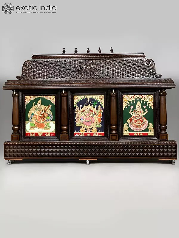 96" Large Goddess Saraswati, Rajarajeshwari and Lakshmi | Tanjore Temple Frame