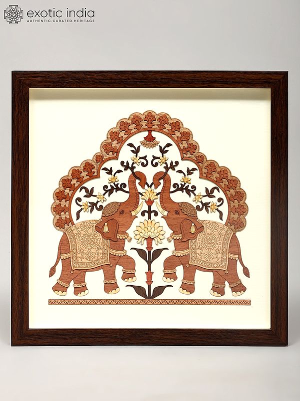 12" Royal Elephants Under Floral Arch | Wood Carved Frame | Wall Hanging