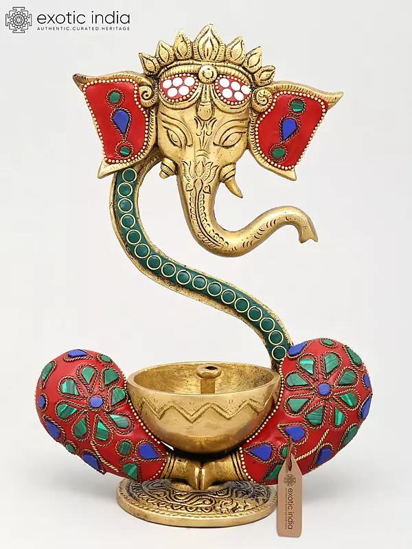 9" Ganesha Wick Lamp in Brass with Inlay Work | Handmade | Made in India