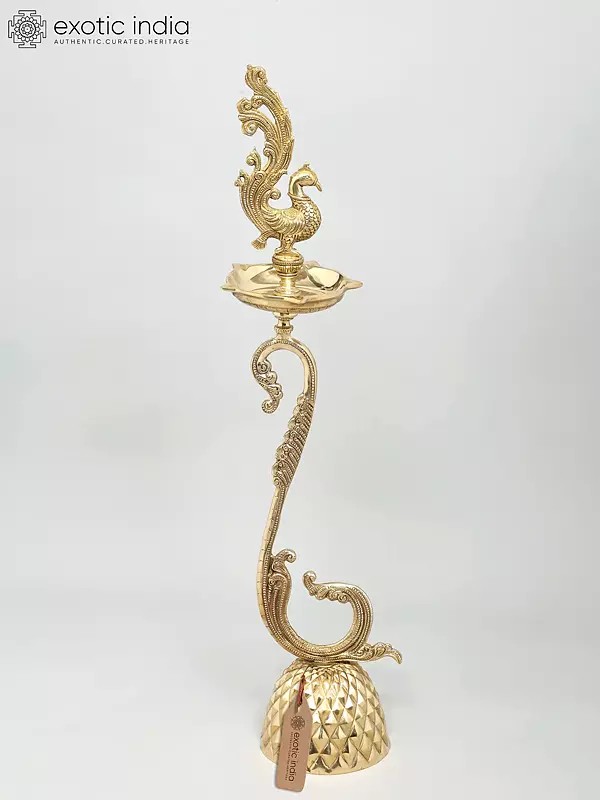 30" Five Wicks Peacock Lamp with Base | Handmade Brass Lamp | Made in India