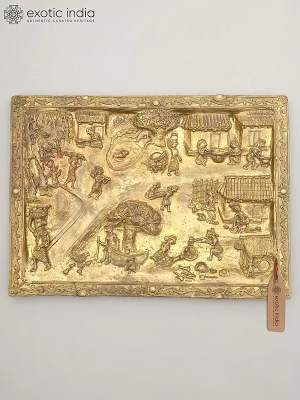 16" Village View of Tribal Social Life | Brass Wall Hanging