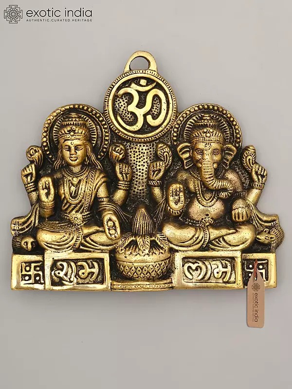 7" Goddess Lakshmi and Lord Ganesha with Om and Shubh Labh | Brass Wall Hanging
