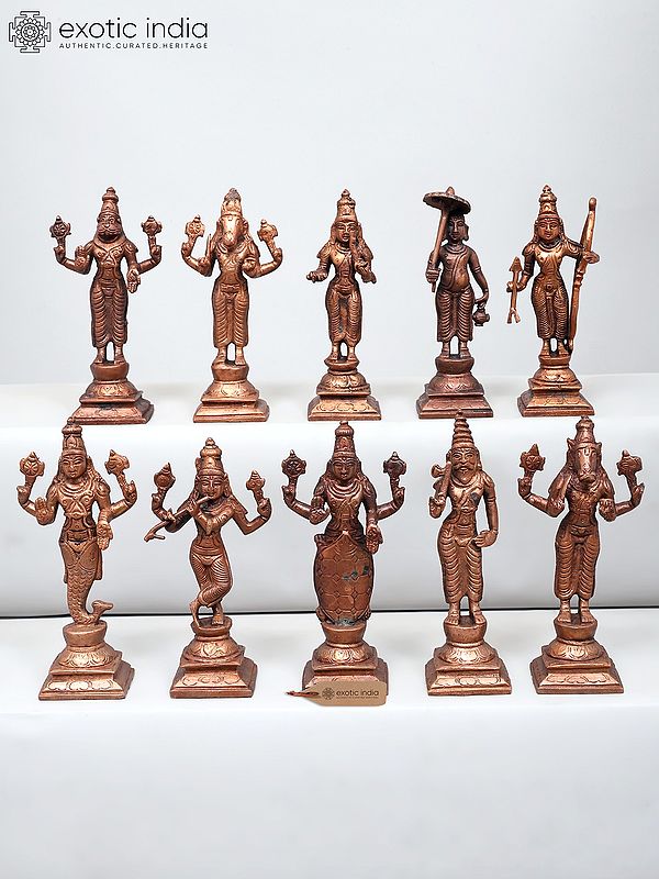 6" Ten Incarnations of Vishnu - Dashavatara | Copper Statue | Made in India
