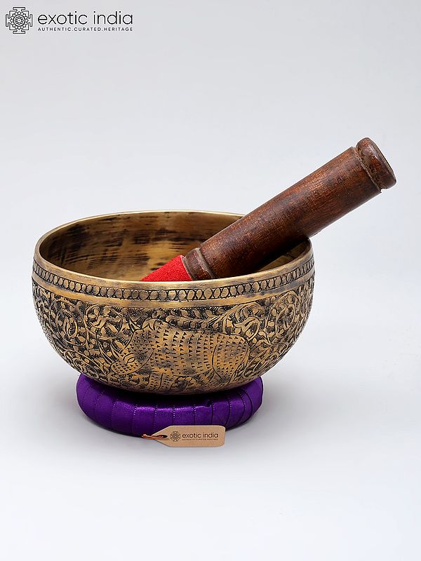 5" Traditional Singing Bowl with Rhinoceros & Floral Engravings