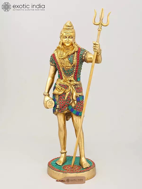 18" Brass Standing Shiva with Inlay Work | Handmade