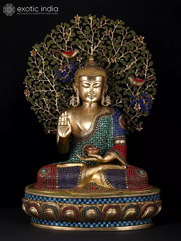 28" Lord Buddha in Vitark Mudra Seated Under The Bodhi Tree | Brass Statue with Inlay Work