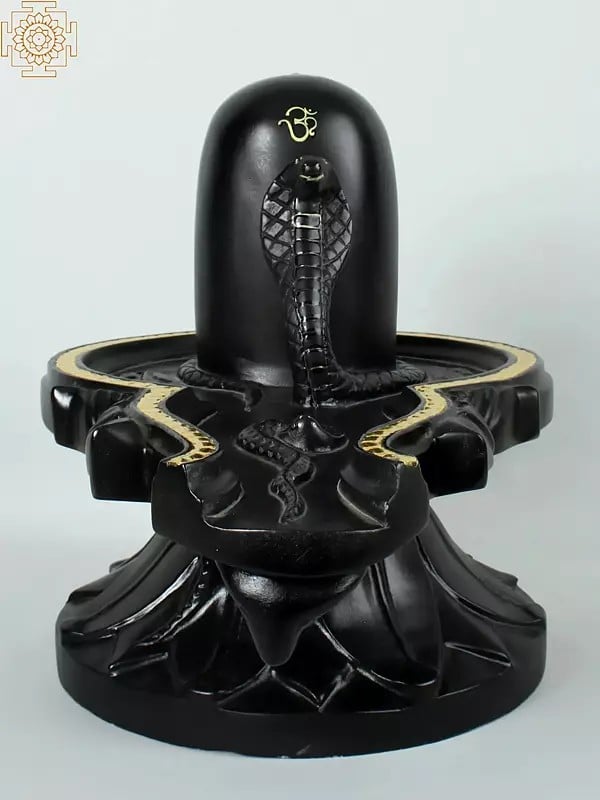 18" Shiva Linga With Seated Naag | Black Marble Sculpture