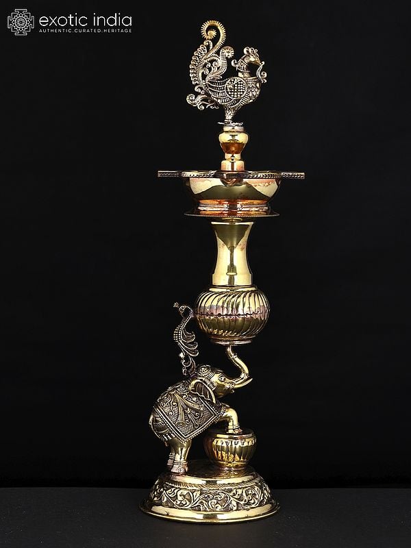 14" Superfine Brass Peacock Lamp on Elephant