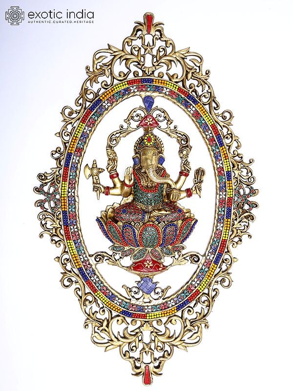 30" Large Six Armed Lord Ganesha Seated on Lotus | Wall Hanging Brass Statue with Inlay Work